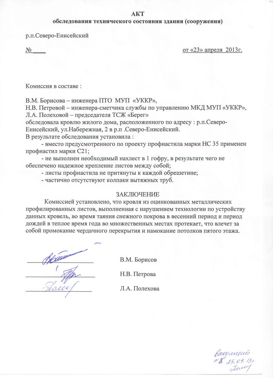 Акт Осмотра Кровли пример